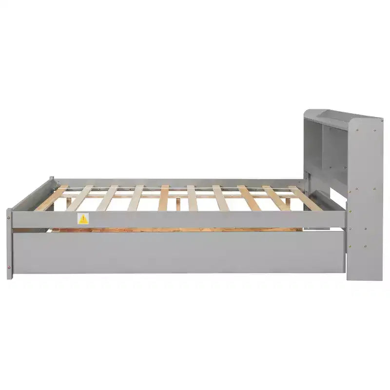 Lit plateforme double avec lit gigogne et tête de lit de rangement, cadre de lit avec support à lattes en bois pour petits espaces