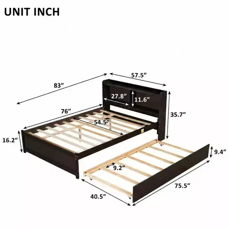 Lit plateforme double avec lit gigogne et tête de lit de rangement, cadre de lit avec support à lattes en bois pour petits espaces