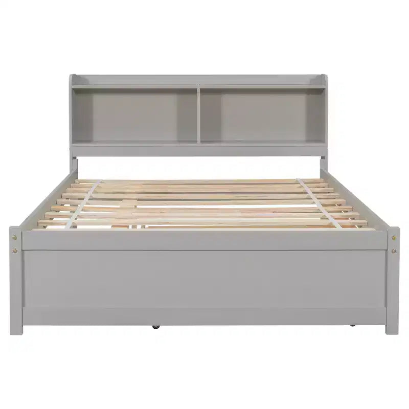 Lit plateforme double avec lit gigogne et tête de lit de rangement, cadre de lit avec support à lattes en bois pour petits espaces