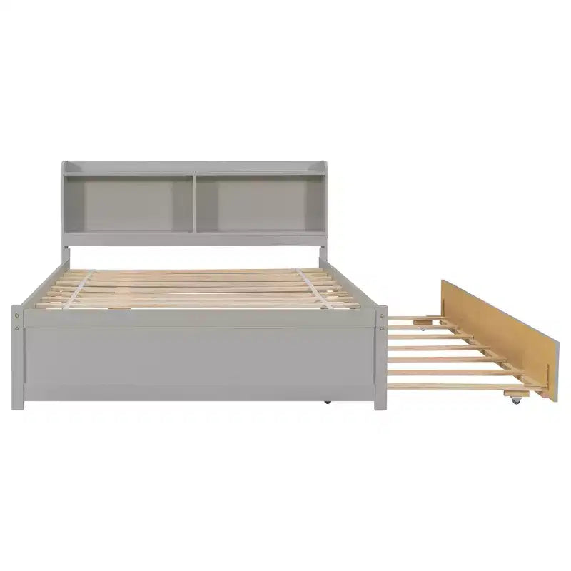 Lit plateforme double avec lit gigogne et tête de lit de rangement, cadre de lit avec support à lattes en bois pour petits espaces