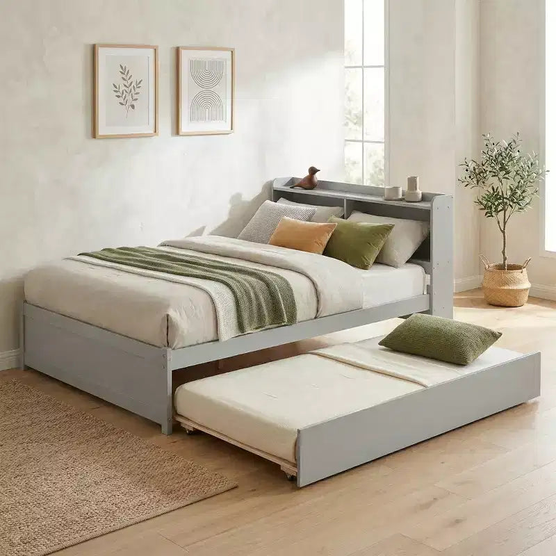 Lit plateforme double avec lit gigogne et tête de lit de rangement, cadre de lit avec support à lattes en bois pour petits espaces