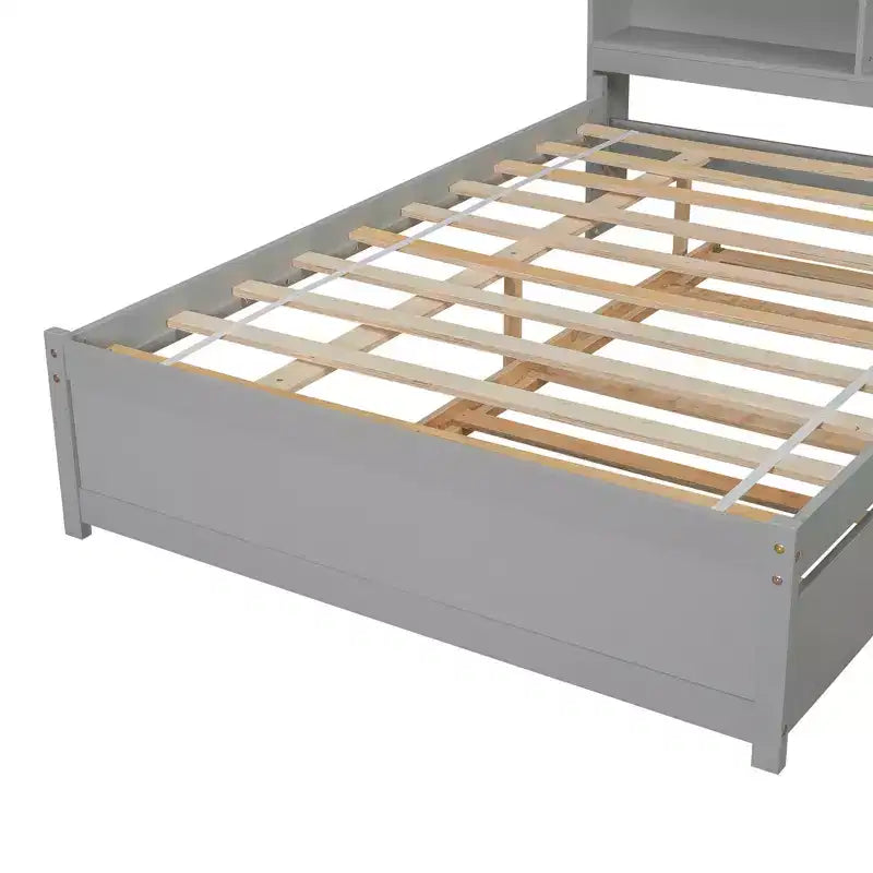 Lit plateforme double avec lit gigogne et tête de lit de rangement, cadre de lit avec support à lattes en bois pour petits espaces