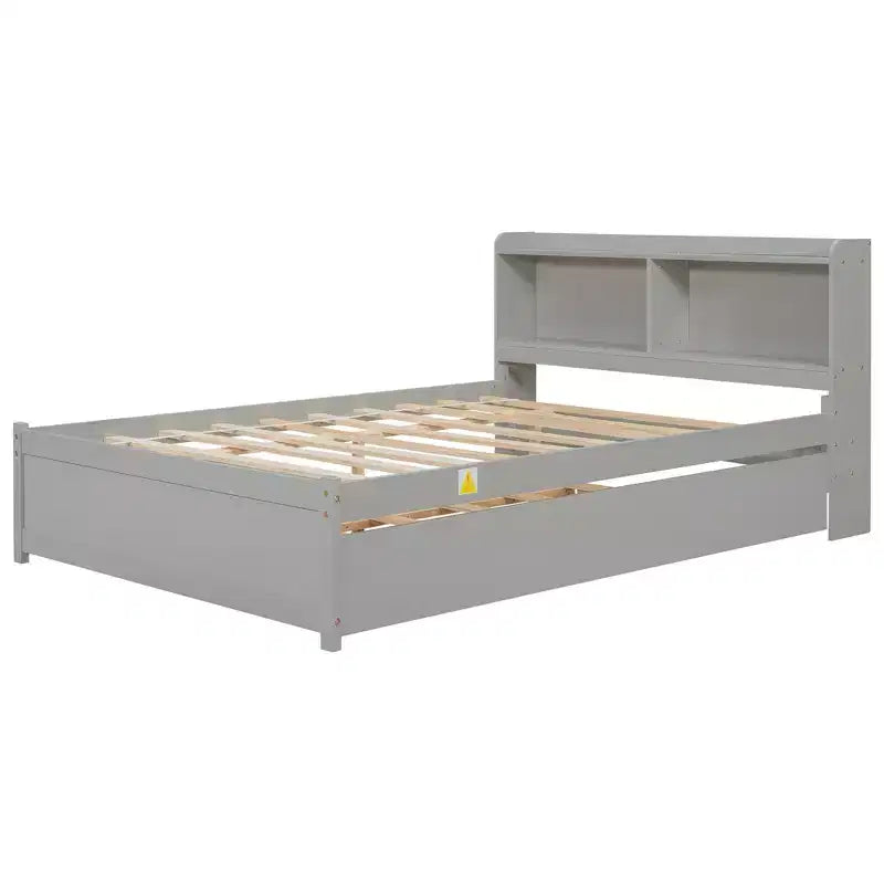 Lit plateforme double avec lit gigogne et tête de lit de rangement, cadre de lit avec support à lattes en bois pour petits espaces