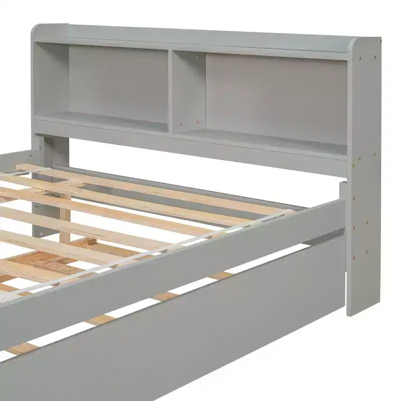 Lit plateforme double avec lit gigogne et tête de lit de rangement, cadre de lit avec support à lattes en bois pour petits espaces