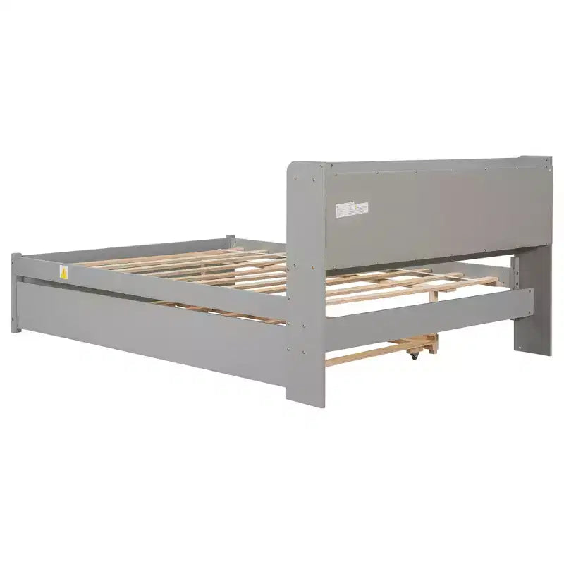 Lit plateforme double avec lit gigogne et tête de lit de rangement, cadre de lit avec support à lattes en bois pour petits espaces