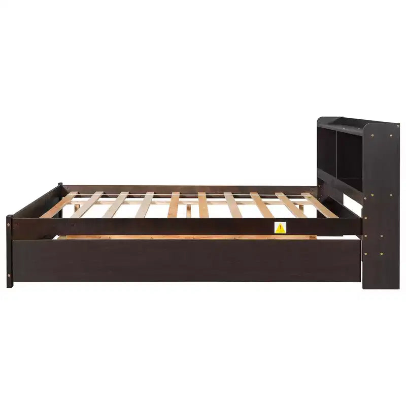 Lit plateforme double avec lit gigogne et tête de lit de rangement, cadre de lit avec support à lattes en bois pour petits espaces