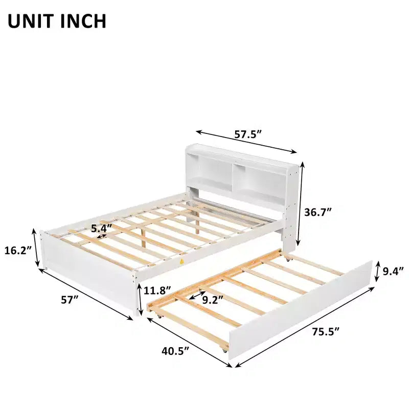 Lit plateforme double avec lit gigogne et tête de lit de rangement, cadre de lit avec support à lattes en bois pour petits espaces