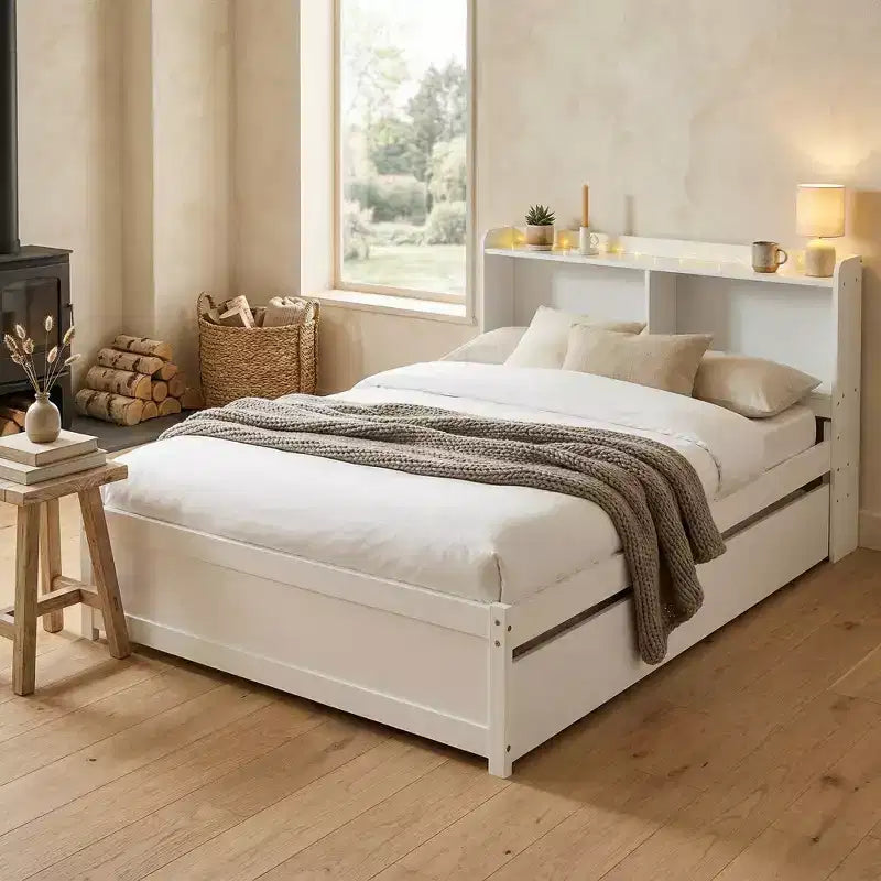 Lit plateforme double avec lit gigogne et tête de lit de rangement, cadre de lit avec support à lattes en bois pour petits espaces