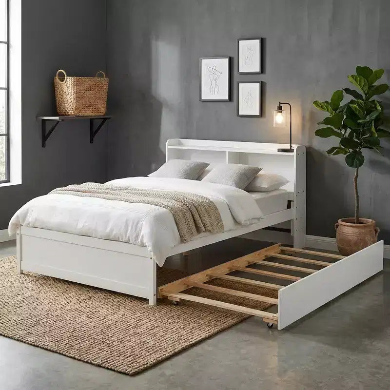 Lit plateforme double avec lit gigogne et tête de lit de rangement, cadre de lit avec support à lattes en bois pour petits espaces