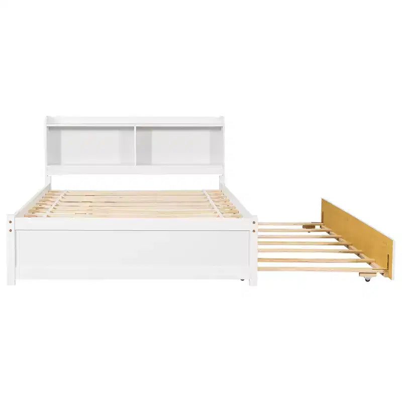 Lit plateforme double avec lit gigogne et tête de lit de rangement, cadre de lit avec support à lattes en bois pour petits espaces
