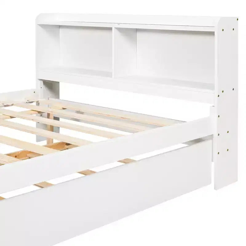 Lit plateforme double avec lit gigogne et tête de lit de rangement, cadre de lit avec support à lattes en bois pour petits espaces