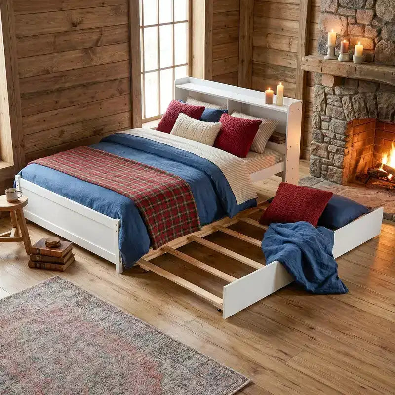 Lit plateforme double avec lit gigogne et tête de lit de rangement, cadre de lit avec support à lattes en bois pour petits espaces