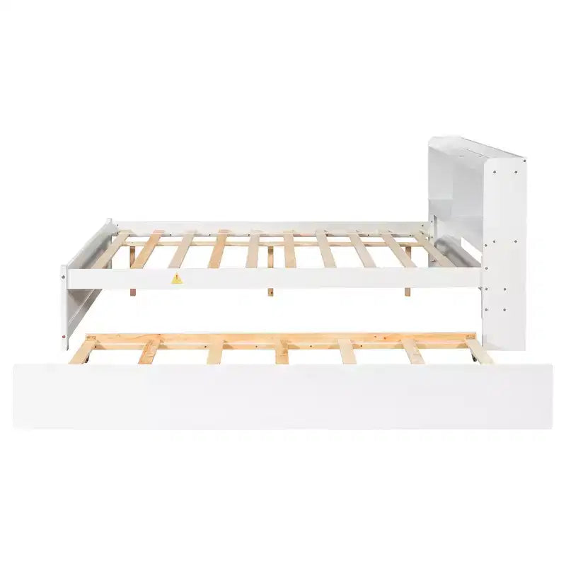Lit plateforme double avec lit gigogne et tête de lit de rangement, cadre de lit avec support à lattes en bois pour petits espaces