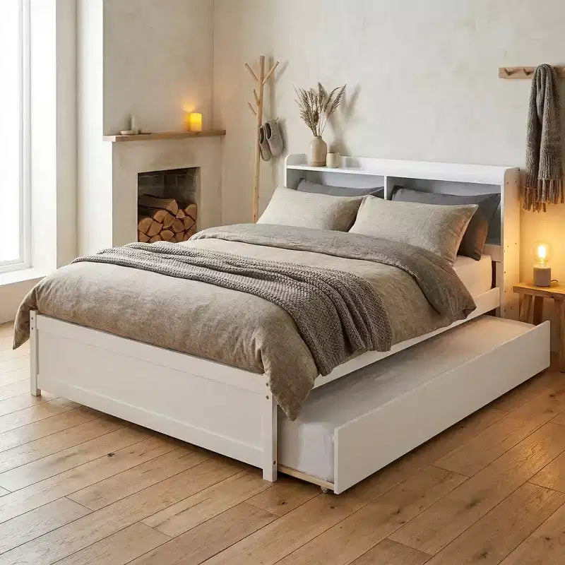 Lit plateforme double avec lit gigogne et tête de lit de rangement, cadre de lit avec support à lattes en bois pour petits espaces