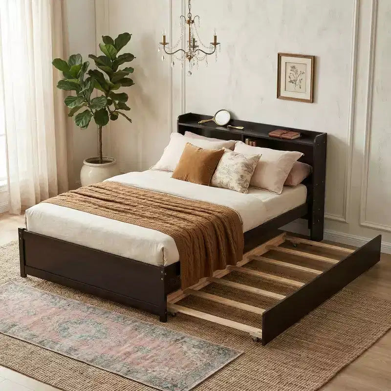 Lit plateforme double avec lit gigogne et tête de lit de rangement, cadre de lit avec support à lattes en bois pour petits espaces