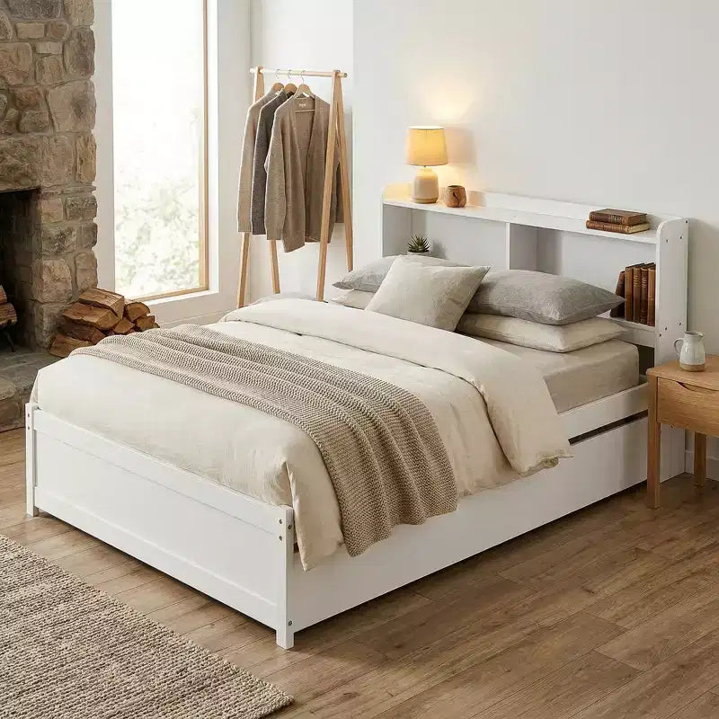 Lit plateforme double avec lit gigogne et tête de lit de rangement, cadre de lit avec support à lattes en bois pour petits espaces