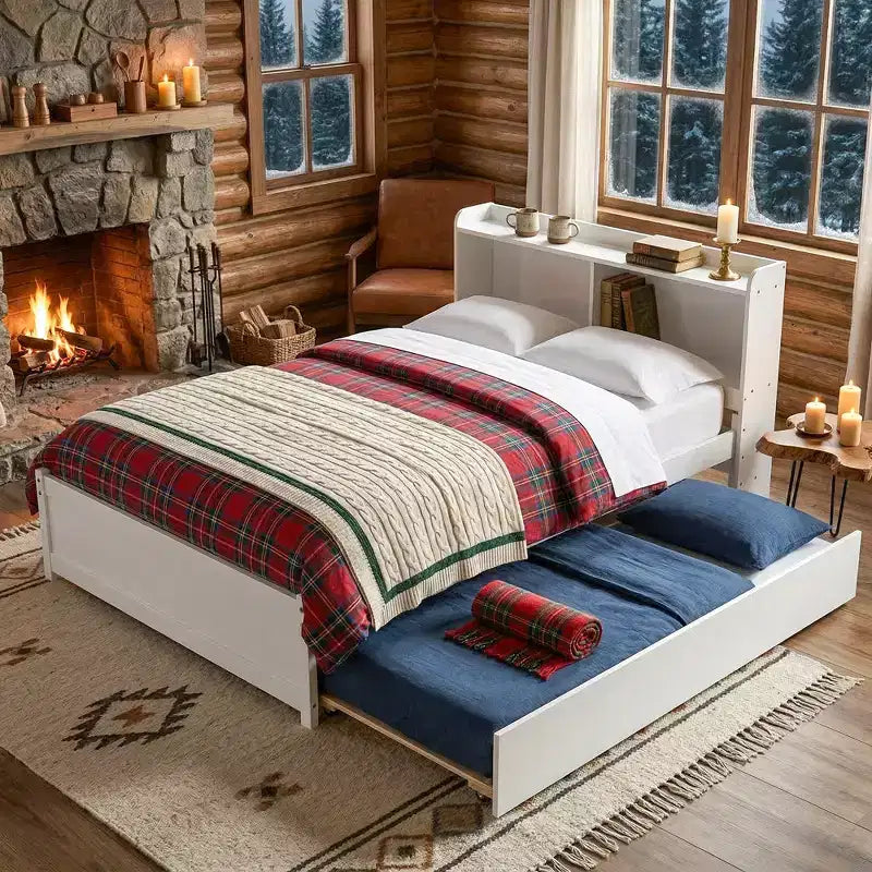 Lit plateforme double avec lit gigogne et tête de lit de rangement, cadre de lit avec support à lattes en bois pour petits espaces