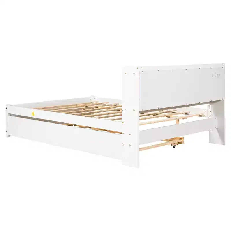 Lit plateforme double avec lit gigogne et tête de lit de rangement, cadre de lit avec support à lattes en bois pour petits espaces
