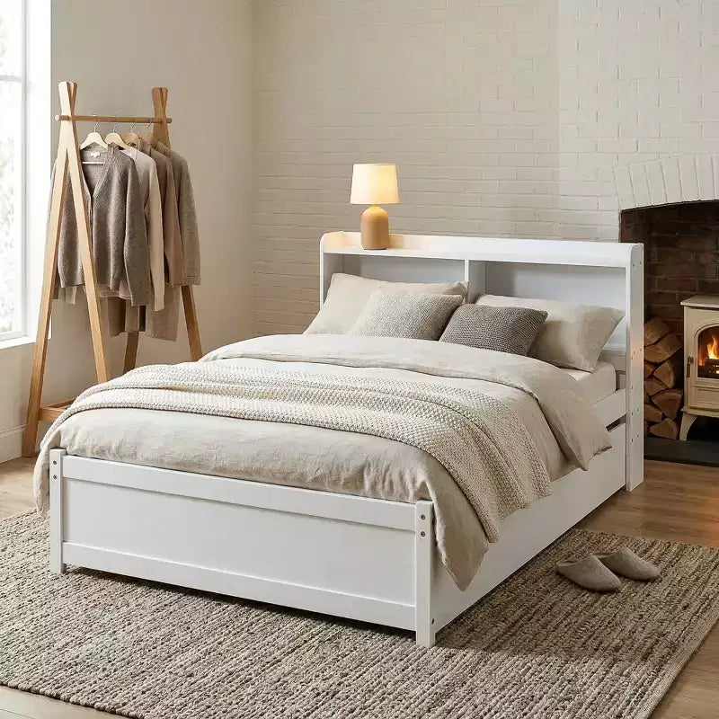Lit plateforme double avec lit gigogne et tête de lit de rangement, cadre de lit avec support à lattes en bois pour petits espaces