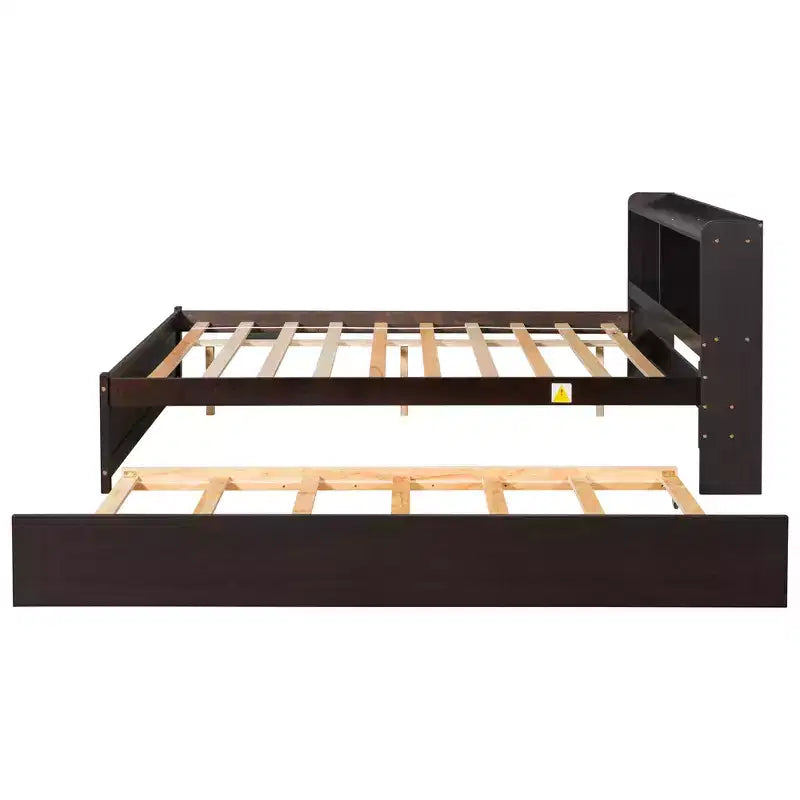 Lit plateforme double avec lit gigogne et tête de lit de rangement, cadre de lit avec support à lattes en bois pour petits espaces