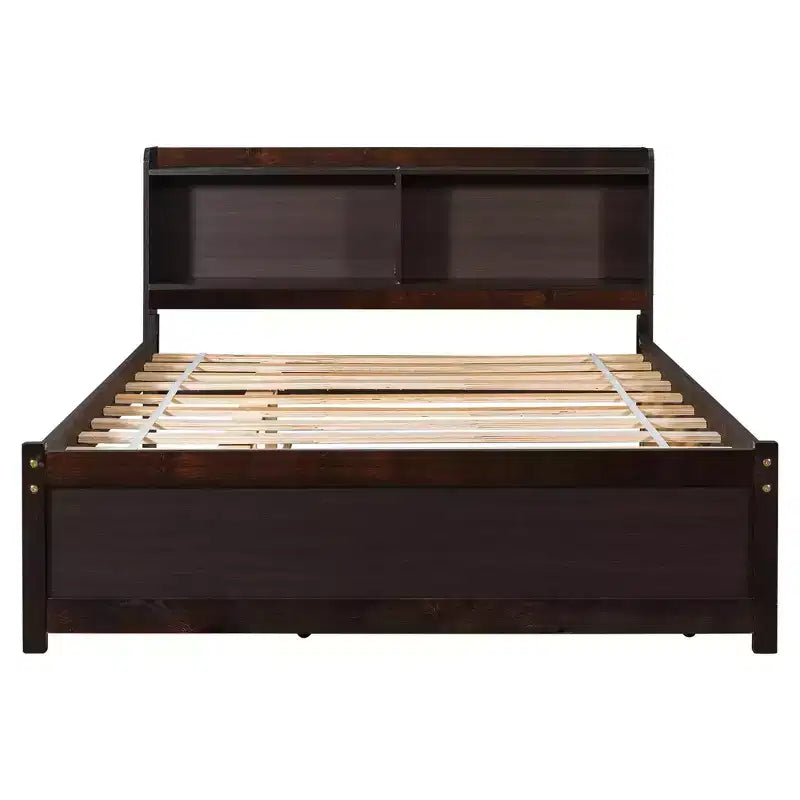 Lit plateforme double avec lit gigogne et tête de lit de rangement, cadre de lit avec support à lattes en bois pour petits espaces