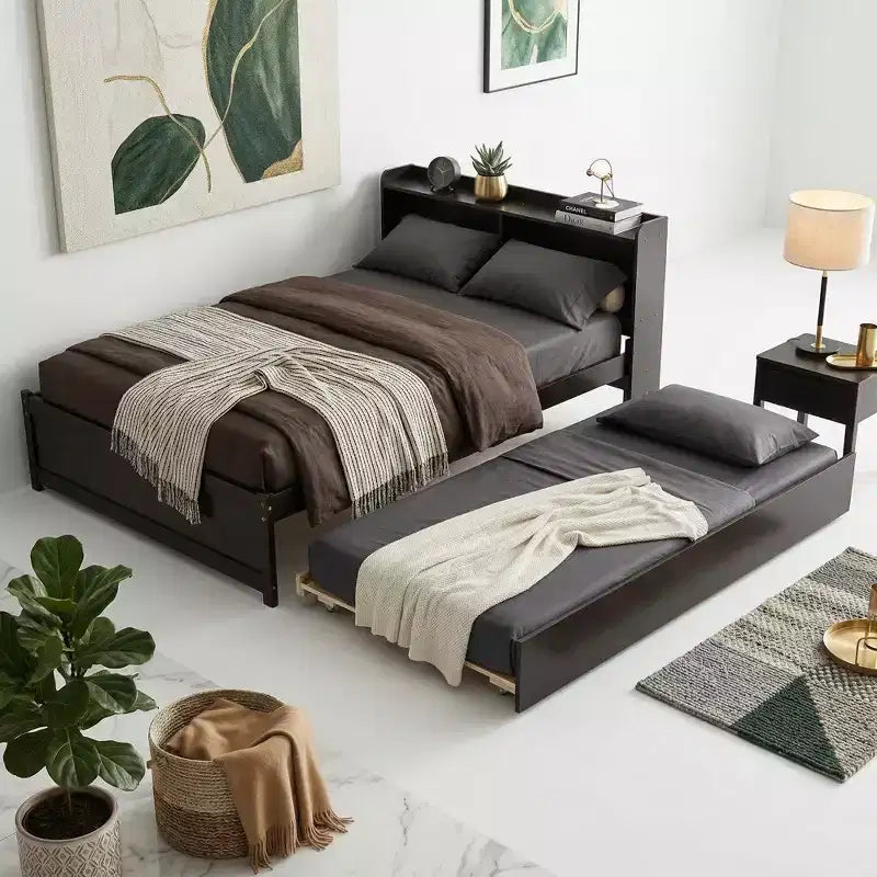 Lit plateforme double avec lit gigogne et tête de lit de rangement, cadre de lit avec support à lattes en bois pour petits espaces
