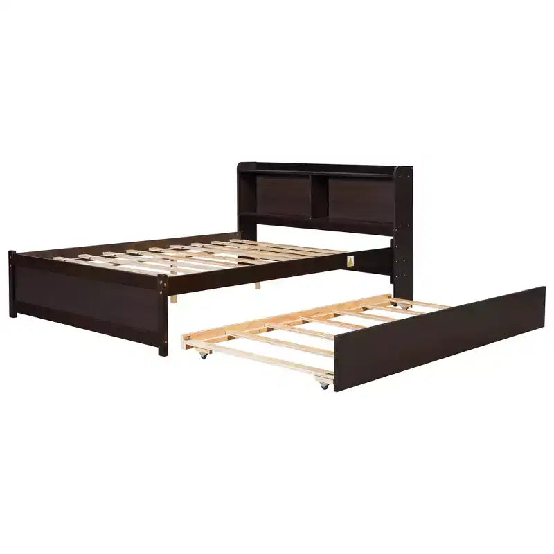 Lit plateforme double avec lit gigogne et tête de lit de rangement, cadre de lit avec support à lattes en bois pour petits espaces