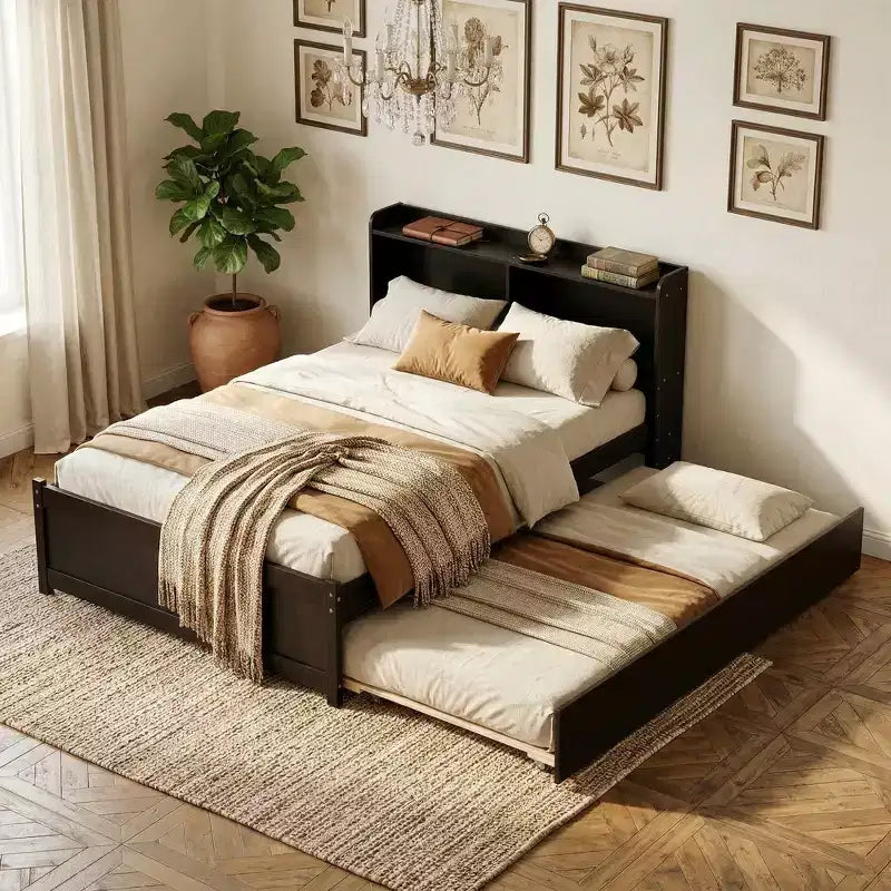 VECELO Twin Platform Bed with Trundle & Storage Headboard, Wood Slat Support Bed Frame for Small Spaces