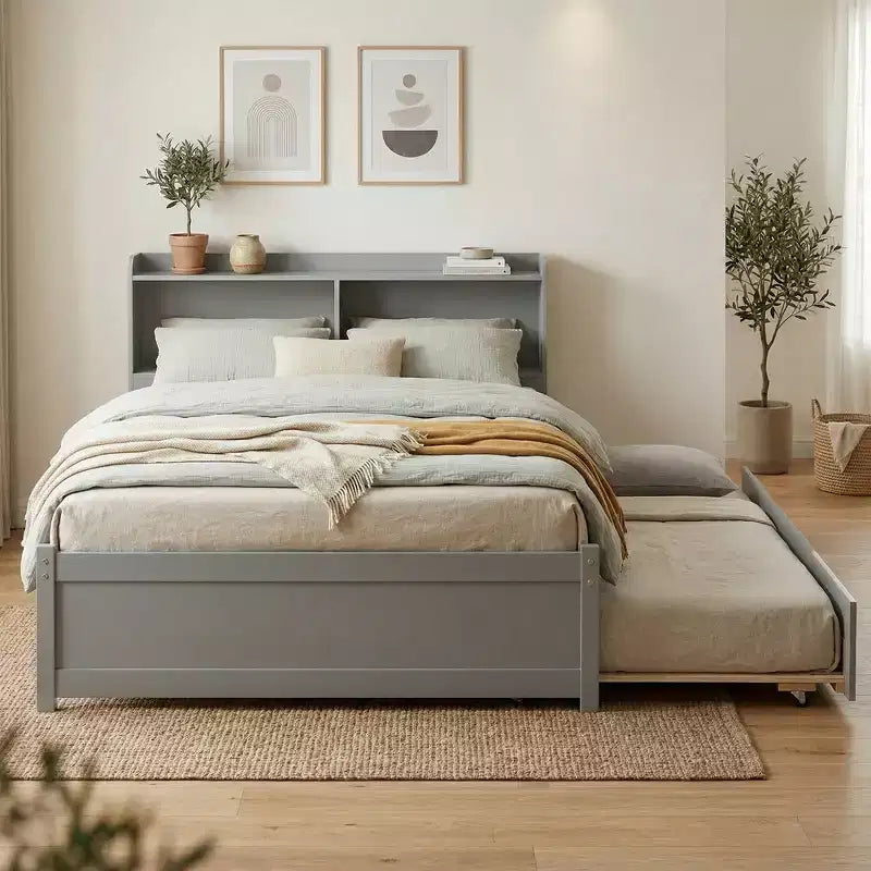 Lit plateforme double avec lit gigogne et tête de lit de rangement, cadre de lit avec support à lattes en bois pour petits espaces