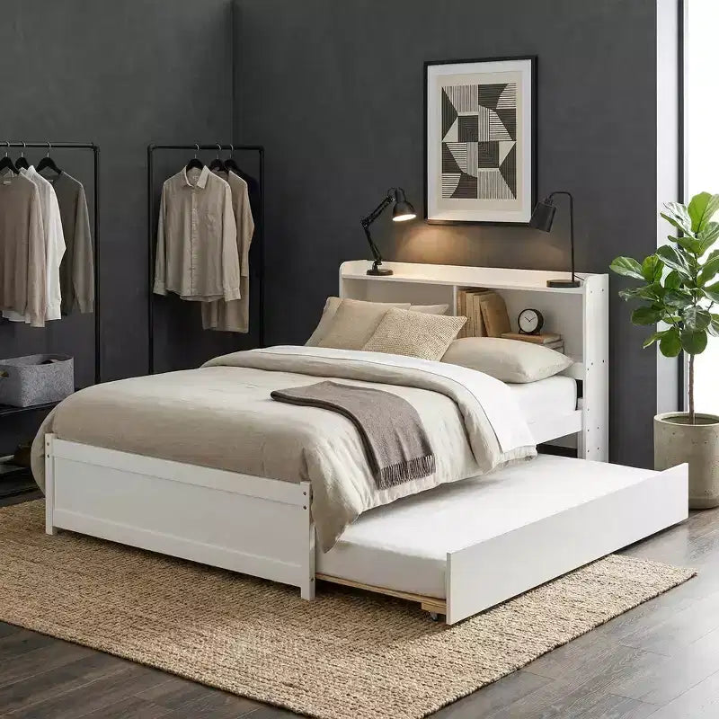 Lit plateforme double avec lit gigogne et tête de lit de rangement, cadre de lit avec support à lattes en bois pour petits espaces