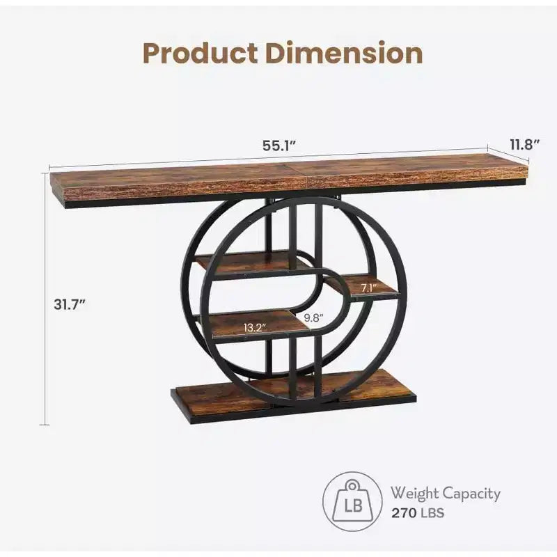 Console étroite de 55 pouces pour entrée, table de canapé rétro industrielle derrière le canapé avec cadre en fer robuste et plateau en bois pour couloir et salon