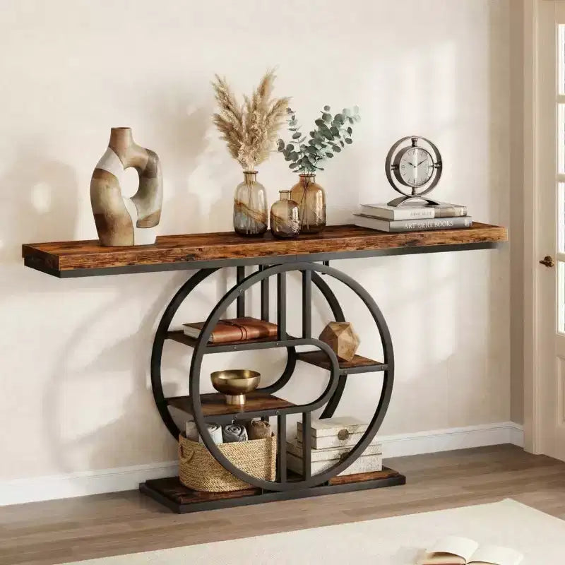 Console étroite de 55 pouces pour entrée, table de canapé rétro industrielle derrière le canapé avec cadre en fer robuste et plateau en bois pour couloir et salon