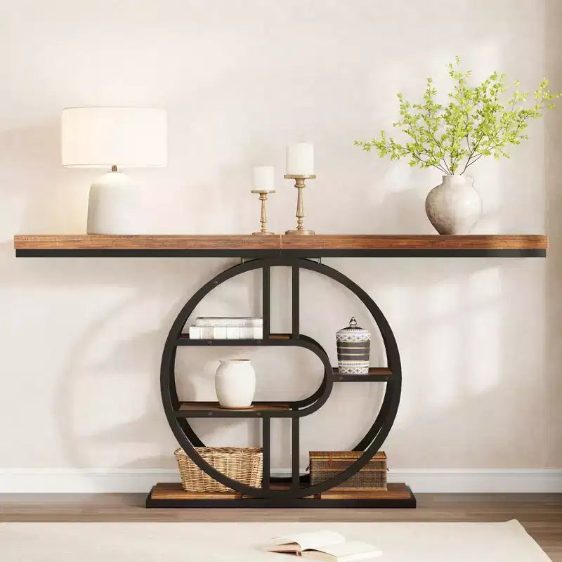 Console étroite de 55 pouces pour entrée, table de canapé rétro industrielle derrière le canapé avec cadre en fer robuste et plateau en bois pour couloir et salon