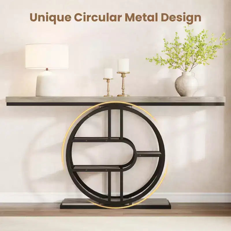Console étroite de 55 pouces pour entrée, table de canapé rétro industrielle derrière le canapé avec cadre en fer robuste et plateau en bois pour couloir et salon