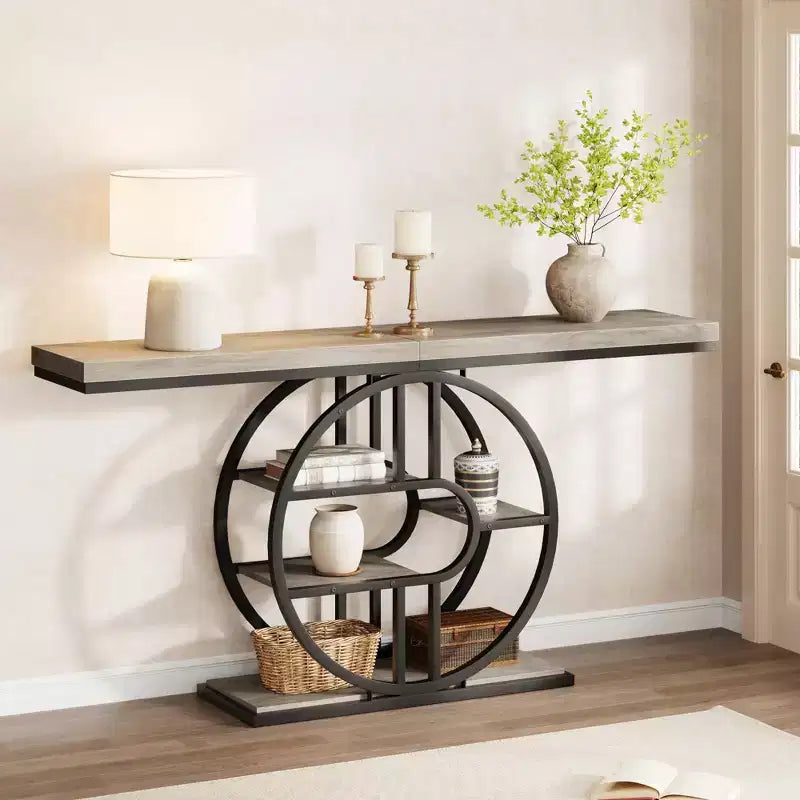 Console étroite de 55 pouces pour entrée, table de canapé rétro industrielle derrière le canapé avec cadre en fer robuste et plateau en bois pour couloir et salon