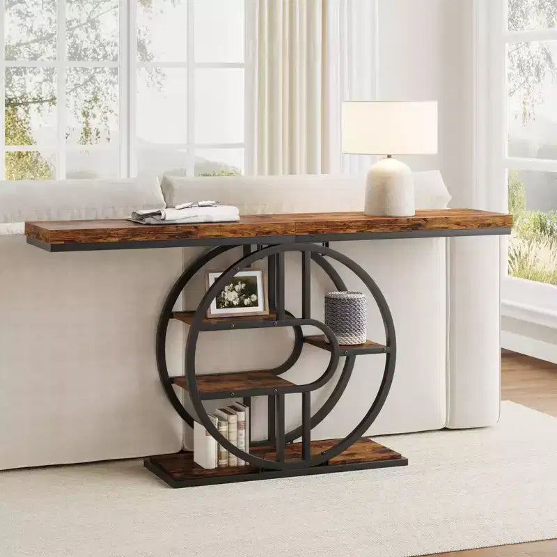 Console étroite de 55 pouces pour entrée, table de canapé rétro industrielle derrière le canapé avec cadre en fer robuste et plateau en bois pour couloir et salon