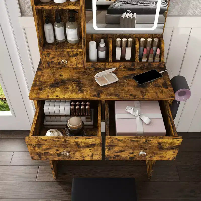Coiffeuse avec tabouret, miroir lumineux 3 modes de couleur, support pour sèche-cheveux, prise de courant et tiroirs de rangement