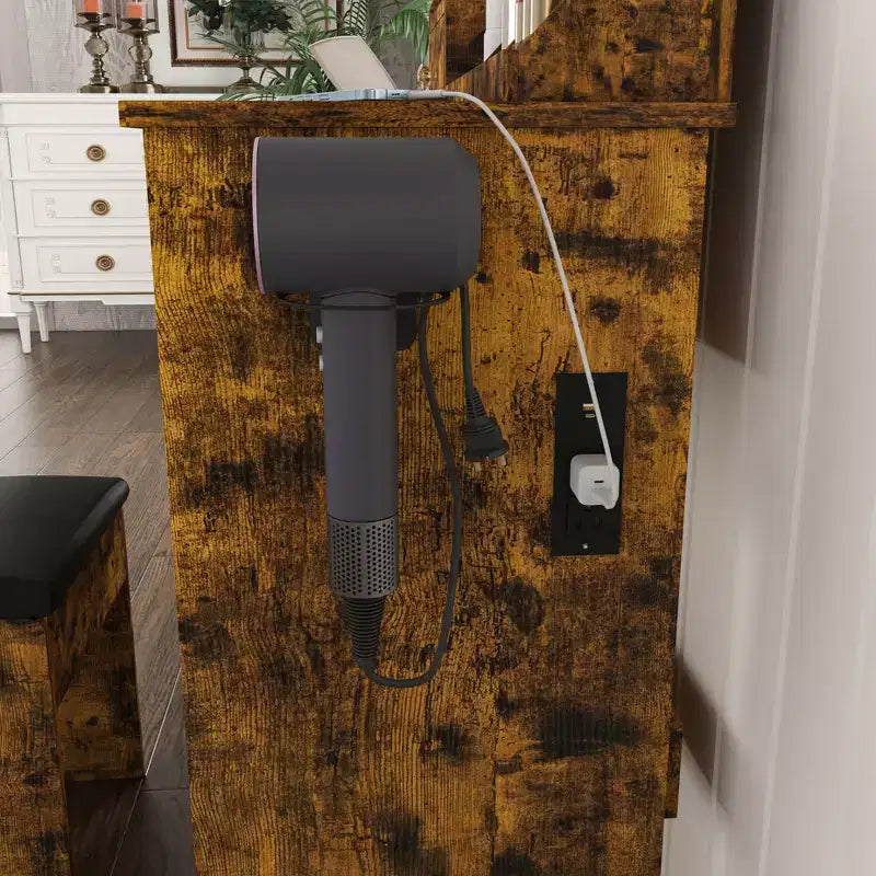 Coiffeuse avec tabouret, miroir lumineux 3 modes de couleur, support pour sèche-cheveux, prise de courant et tiroirs de rangement