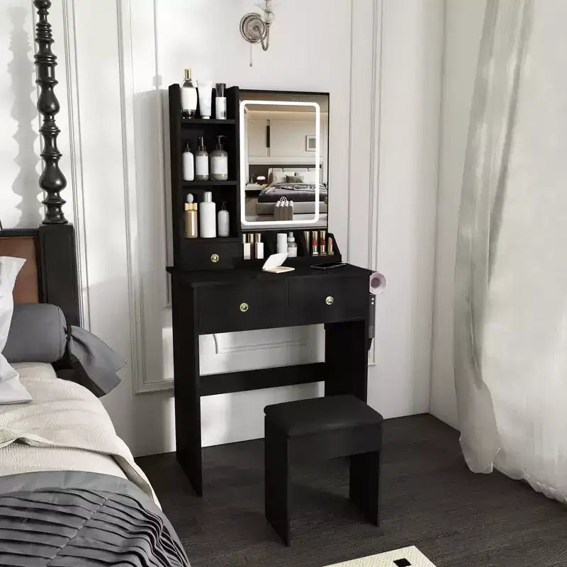 Coiffeuse avec tabouret, miroir lumineux 3 modes de couleur, support pour sèche-cheveux, prise de courant et tiroirs de rangement