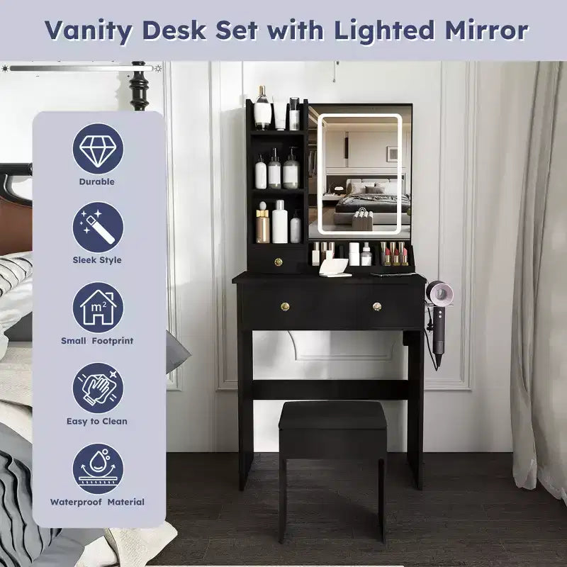 Coiffeuse avec tabouret, miroir lumineux 3 modes de couleur, support pour sèche-cheveux, prise de courant et tiroirs de rangement