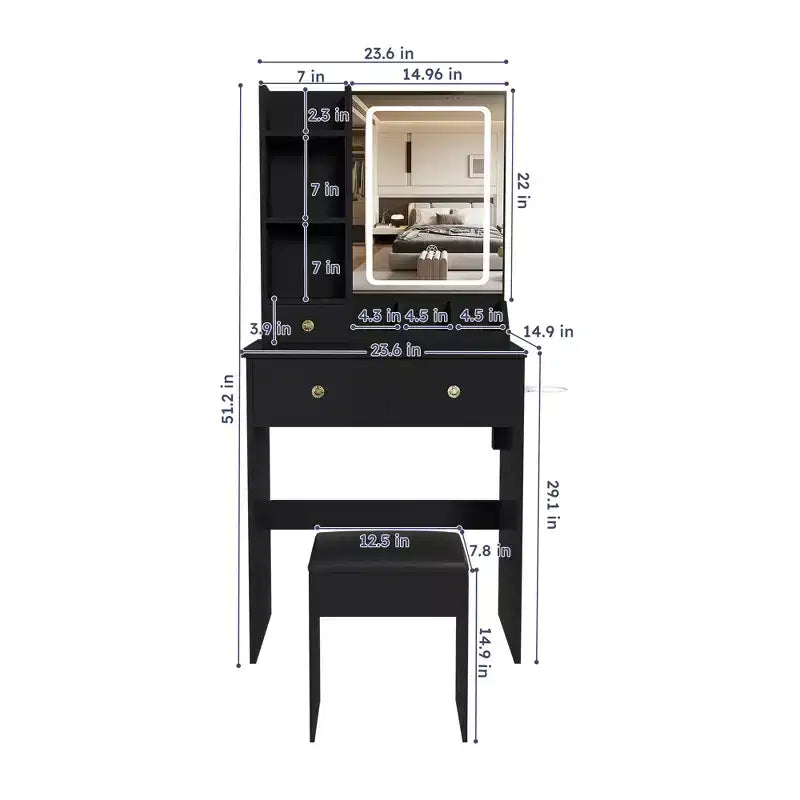 Coiffeuse avec tabouret, miroir lumineux 3 modes de couleur, support pour sèche-cheveux, prise de courant et tiroirs de rangement