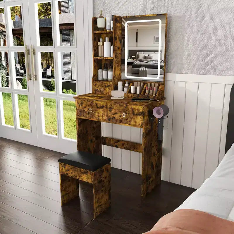 Coiffeuse avec tabouret, miroir lumineux 3 modes de couleur, support pour sèche-cheveux, prise de courant et tiroirs de rangement