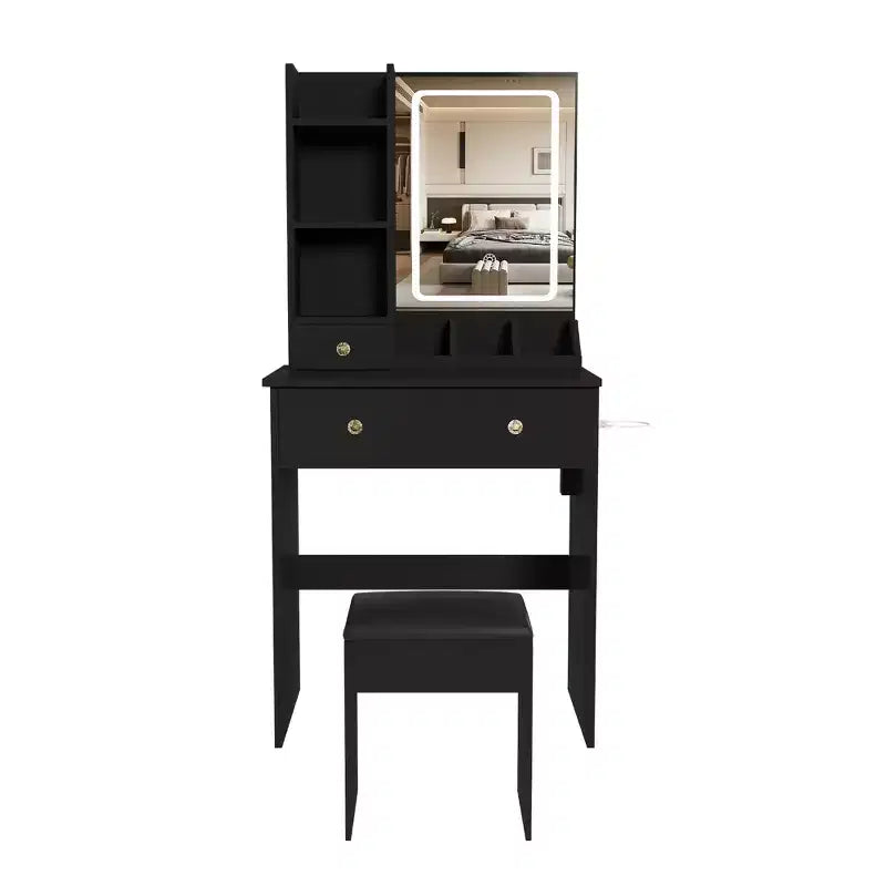 Coiffeuse avec tabouret, miroir lumineux 3 modes de couleur, support pour sèche-cheveux, prise de courant et tiroirs de rangement