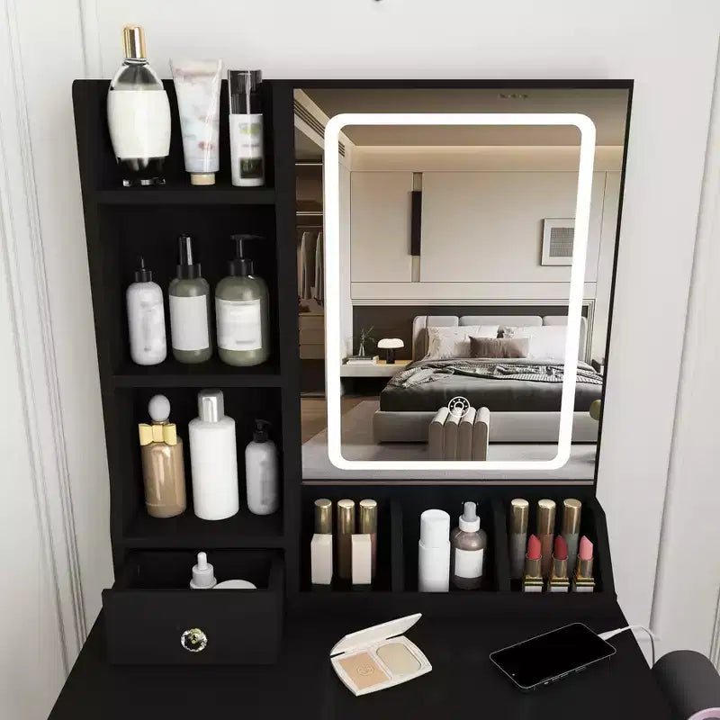Coiffeuse avec tabouret, miroir lumineux 3 modes de couleur, support pour sèche-cheveux, prise de courant et tiroirs de rangement