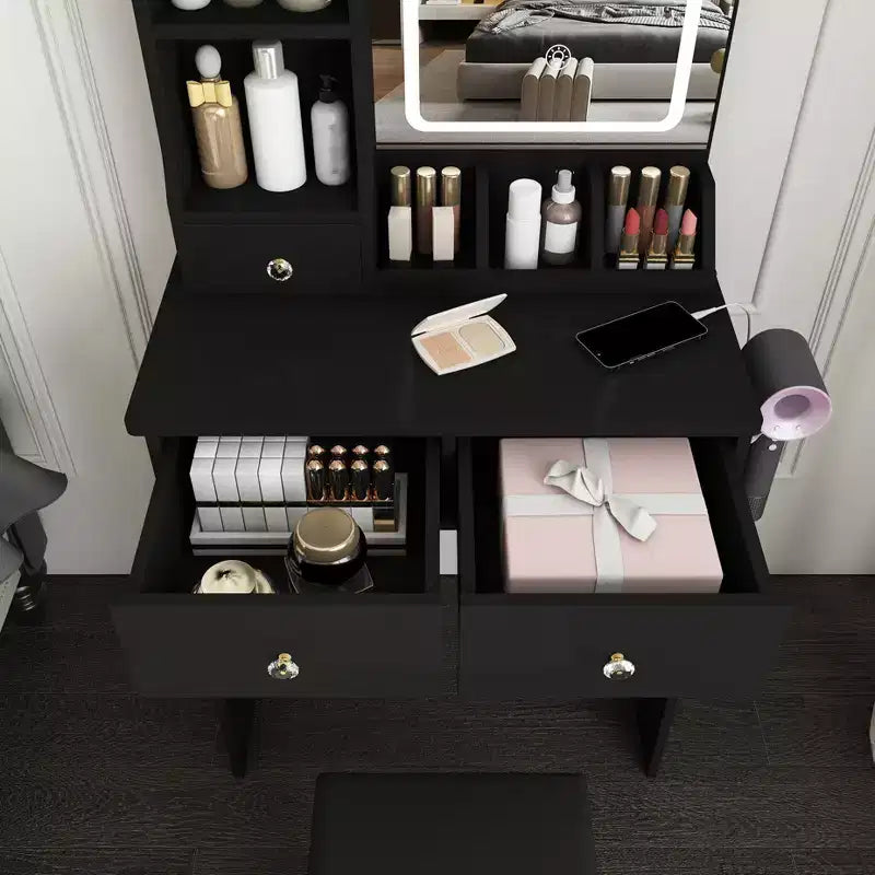 Coiffeuse avec tabouret, miroir lumineux 3 modes de couleur, support pour sèche-cheveux, prise de courant et tiroirs de rangement