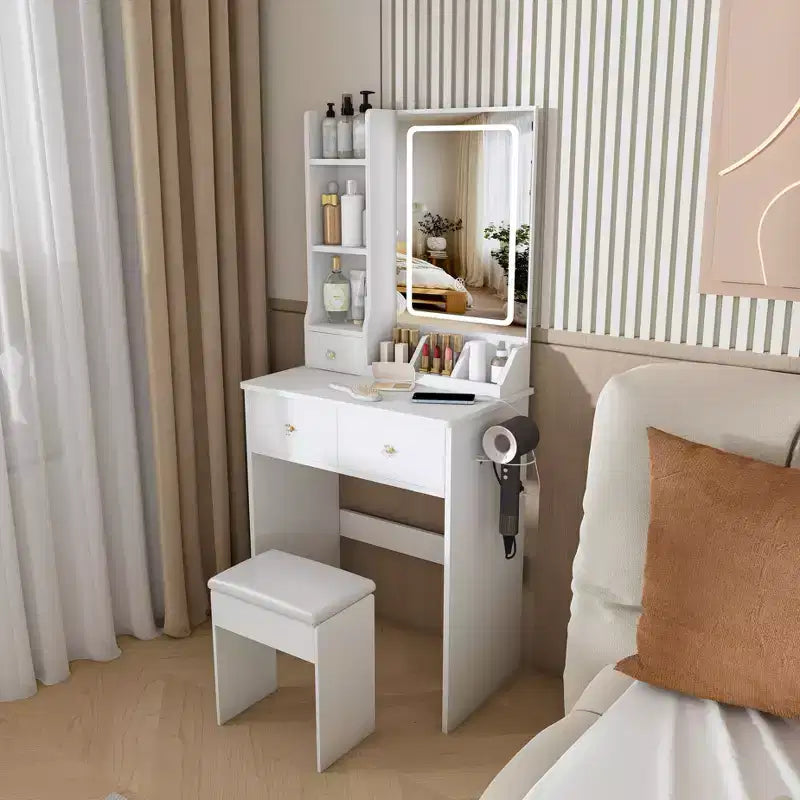 Coiffeuse avec tabouret, miroir lumineux 3 modes de couleur, support pour sèche-cheveux, prise de courant et tiroirs de rangement
