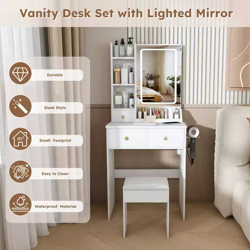 Coiffeuse avec tabouret, miroir lumineux 3 modes de couleur, support pour sèche-cheveux, prise de courant et tiroirs de rangement