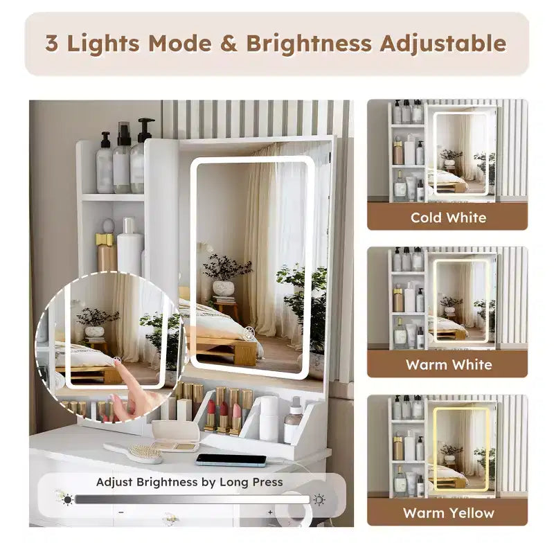 Coiffeuse avec tabouret, miroir lumineux 3 modes de couleur, support pour sèche-cheveux, prise de courant et tiroirs de rangement