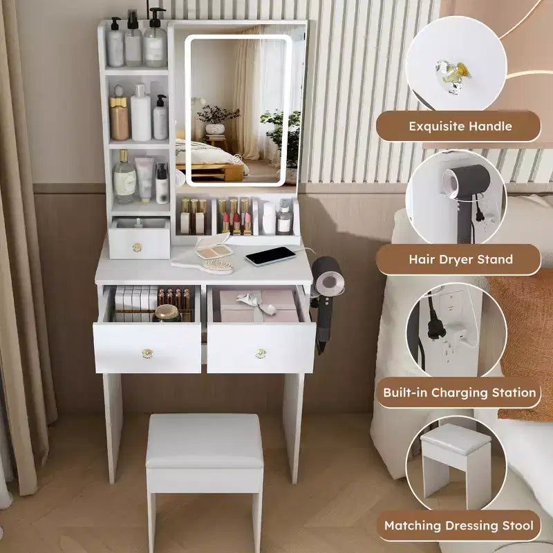 Coiffeuse avec tabouret, miroir lumineux 3 modes de couleur, support pour sèche-cheveux, prise de courant et tiroirs de rangement