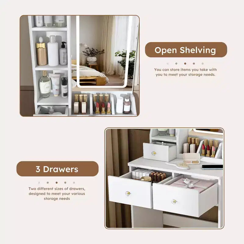 Coiffeuse avec tabouret, miroir lumineux 3 modes de couleur, support pour sèche-cheveux, prise de courant et tiroirs de rangement